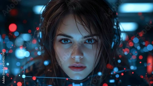 A close-up portrait of a young woman with headphones surrounded by vibrant digital elements, immersed in technology