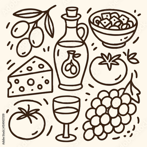 Hand-drawn icons of various Italian foods, including pasta, pizza, and wine, arranged in a colorful vector illustration.
