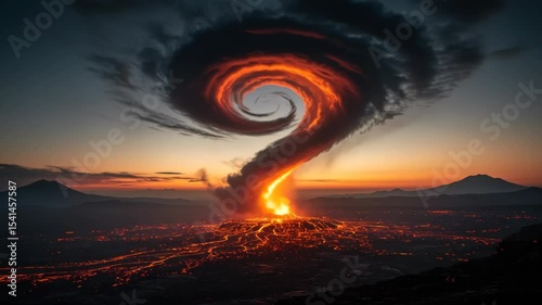 Spectacular volcano eruption with swirling cloud formation at majestic sunset view