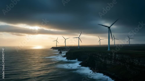 Wind Turbines at Sunset Along a Dramatic Coastline, Renewable Energy Future