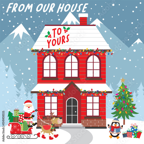 Christmas card with Christmas house, Santa, sleigh and reindeer