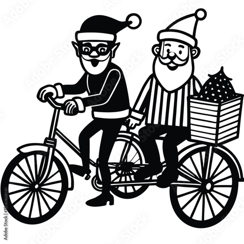Festive cartoon illustration of santa claus and an elf riding a bicycle together with christmas presents