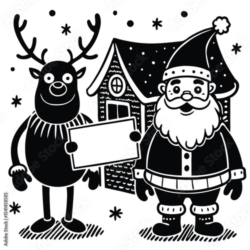 Adorable santa claus and reindeer with a blank sign festive christmas holiday season illustration