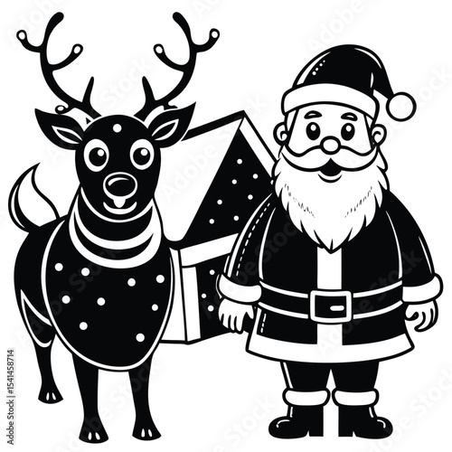 Black and white illustration of santa claus a reindeer and a gift box for festive holiday season