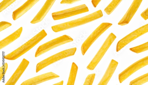 Many golden brown crispy French fries scattered across a bright white background Delicious potato snack