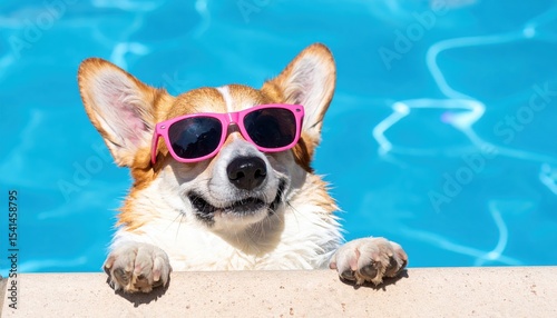 A Corgi dog wearing pink sunglasses looks over the edge of a bright blue swimming pool