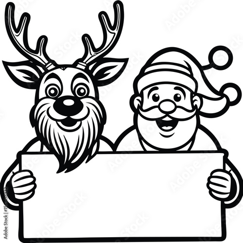 Black and white christmas illustration of santa claus and a reindeer holding a blank sign together