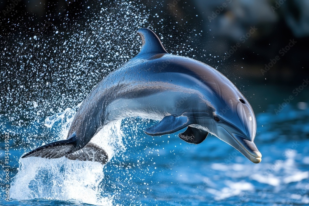 Fototapeta premium A gray dolphin leaps gracefully from the blue ocean with splashing water. Use this vibrant image to represent intelligence, fun, and ocean conservation.