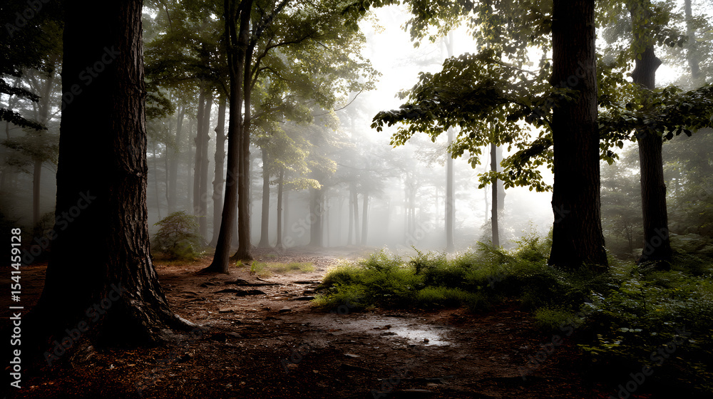Obraz premium A quiet and misty forest scene, captured in retro postcard style, with light gently filtering through the trees and adding a peaceful atmosphere.