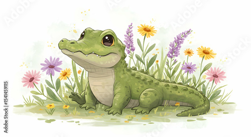 Adorable Baby Alligator in a Flower Garden Cute Cartoon Illustration