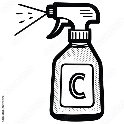 Hand drawn illustration of a spray bottle with a large c initial representing cleaning or chemical solutions