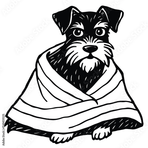 Illustrated black and white schnauzer wrapped comfortably in a blanket perfect for pet lovers