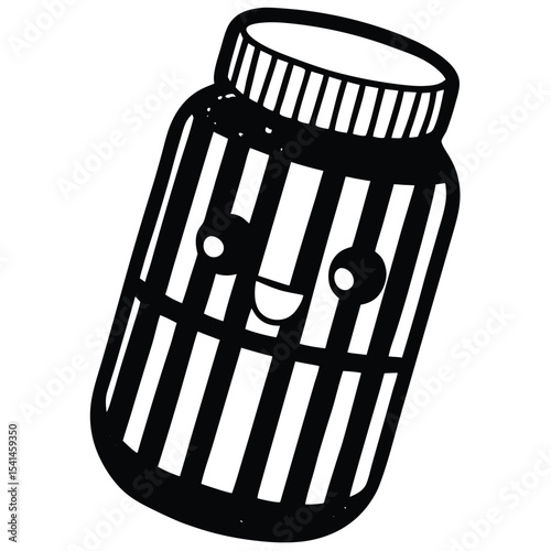 Whimsical black and white cartoon illustration of a smiling jar perfect for various design projects and uses