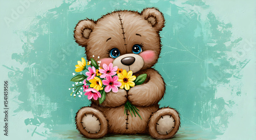 Adorable Teddy Bear Holding a Bouquet of Flowers