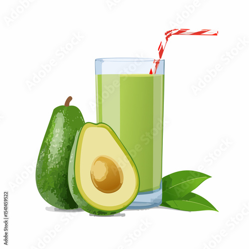 Fresh green kiwi fruit juice drink in a glass with a straw, isolated on white