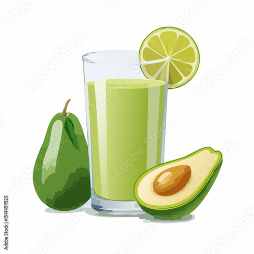 Fresh green kiwi fruit juice smoothie in a glass with lime slices, a healthy cold refreshing beverage