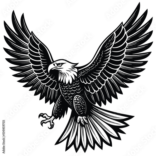 Majestic black and white vector illustration of a bald eagle with fully extended wings ready for flight and representing freedom.