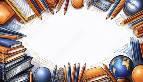 Creative workspace featuring school supplies and educational materials on a bright background