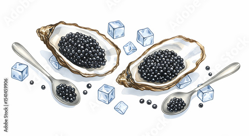 Luxury Black Caviar Delicacy in Oyster Shells Served with Ice Cubes Spoons