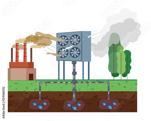 underground carbon capture technique factory CO2 emissions are processed and releasing clean oxygen vector illustration