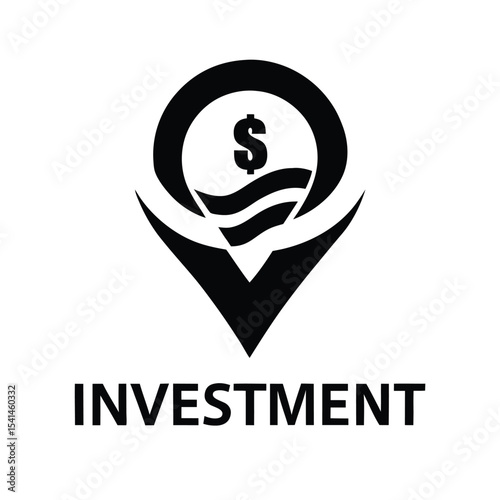 Abstract investment logo featuring a dollar sign inside of a location marker with the word investment below.
