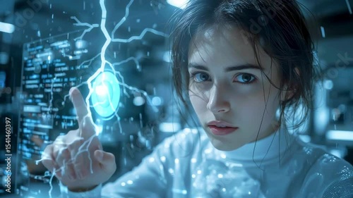 Young scientist interacting with futuristic holographic interface in a high-tech laboratory setting