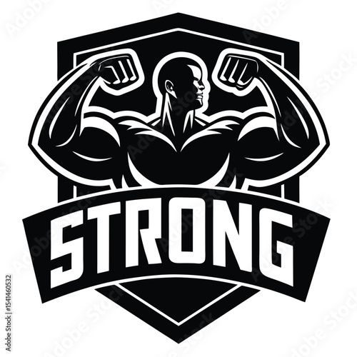 Bold black and white graphic of a muscular man flexing with the word strong beneath the logo.