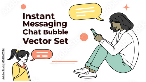Illustration of two people chatting with speech bubbles and one person using a smartphone while sitting down