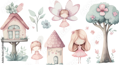 Watercolor Illustration of Fairy Tale Elements Featuring Cute Fairies Houses and a Tree in Pastel Pink and Green Colors Ideal for Children s Books and