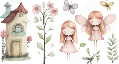 Watercolor Illustration of a Fairy House with Two Fairies Flowers and Butterflies Perfect for Children s Books Nursery Decor or Whimsical Designs with a Soft