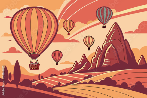 Hot air balloons over cappadocia landscape