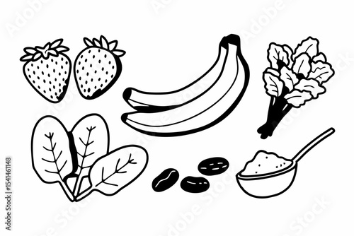 Healthy smoothie ingredients line art illustration