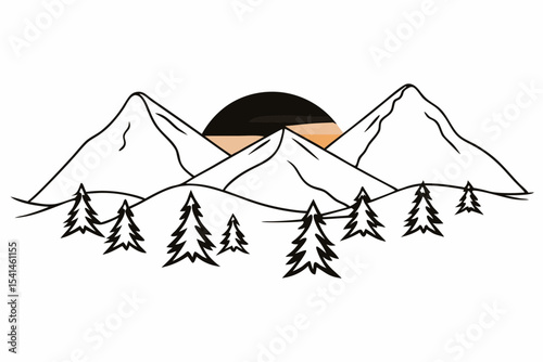 Sunset mountain range line art illustration