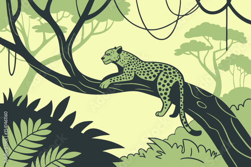 Leopard resting on tree branch in lush jungle