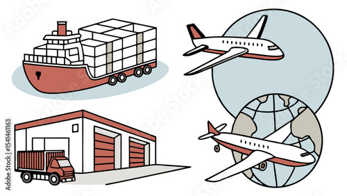 Illustration showing a cargo ship, a warehouse, a truck, and two airplanes with one in front of a globe