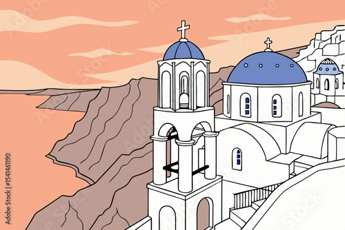 Sunset view of santorini churches and cliffs
