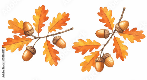 Autumn Oak Branches with Acorns Watercolor Illustration