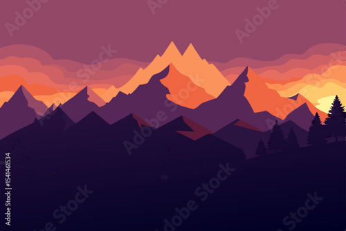 Majestic Sunset Mountain Landscape A Vibrant Digital Painting of Serene Peaks