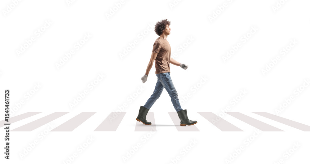Farmer in rubber boots crossing at a pedestrian zebra Farmer in rubber boots crossing at a pedestrian zebra