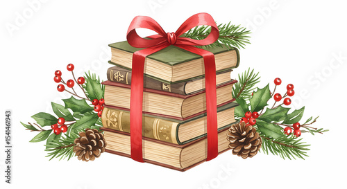 Christmas Book Stack Gift Watercolor Illustration