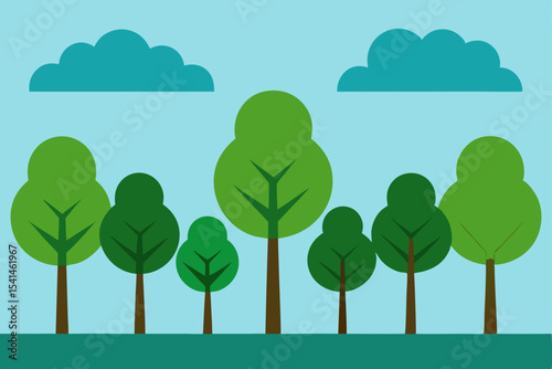 Tranquil Grove A Serene Illustration of Lush Trees Under a Summer Sky