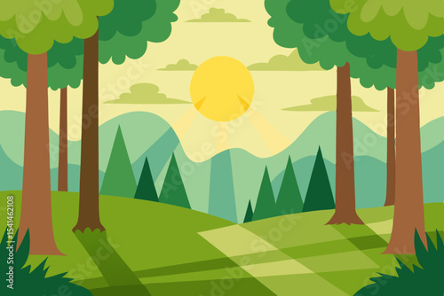 Autumn landscape with trees, a vibrant scene of nature with sun, sky, and colorful leaves on the trees, illustrating a beautiful day in the forest