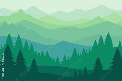 Winter mountain forest landscape with pine trees and a cold, blue sky