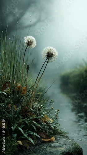 Delicate dandelion puffs beside a serene, misty stream in a tranquil landscape.
