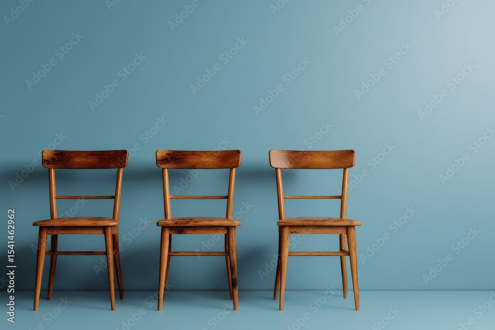 Fototapeta premium Three Scandinavian wooden chairs aligned against blue wall