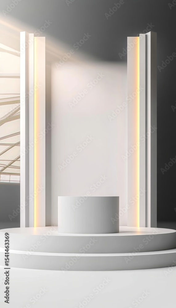 Fototapeta premium Sleek Modern Exhibition Stand with White Round Podium for Innovative Product Display and Showcase