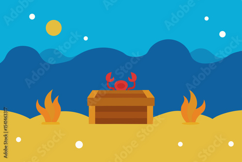 Undersea Treasure Crab Guards Wooden Chest in Ocean Depths Illustration