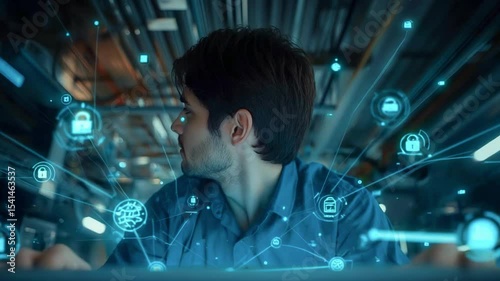 Young man analyzing data in a tech environment with digital security symbols and connections