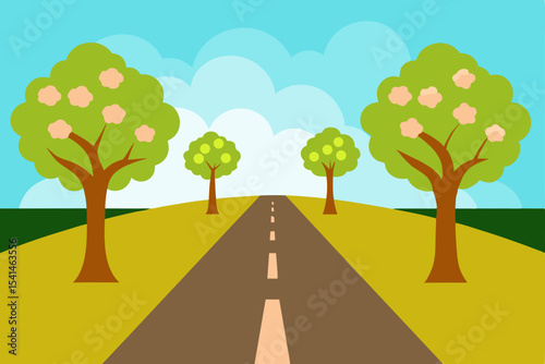 Scenic Country Road Blossoming Trees and Open Road Ahead