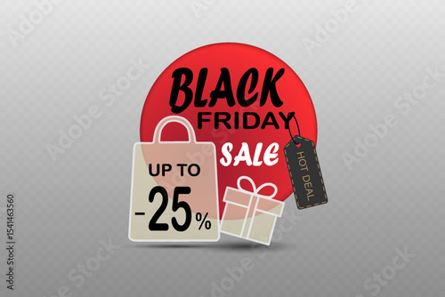 Black Friday sale banner with shopping bag gift box and hot deal tag.